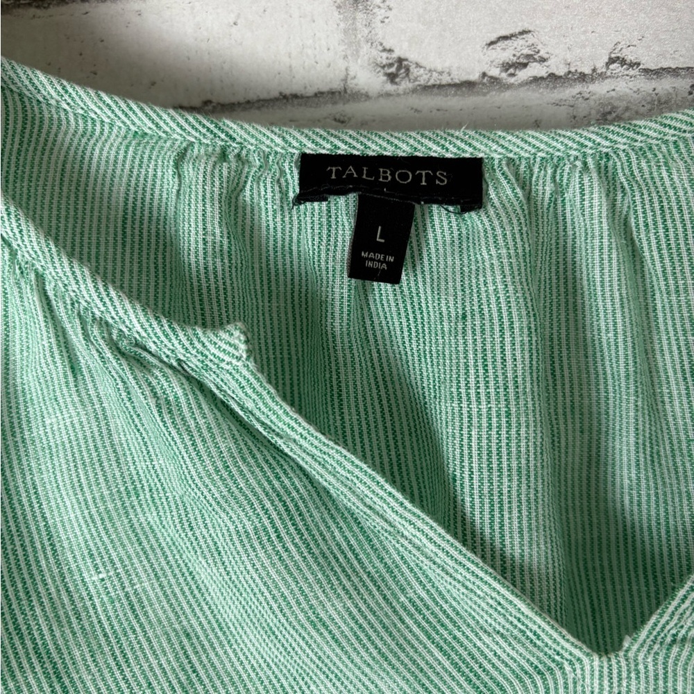 Talbots Green Vertical Striped Pinstriped Linen Peasant Blouse - Picture 3 of 5
